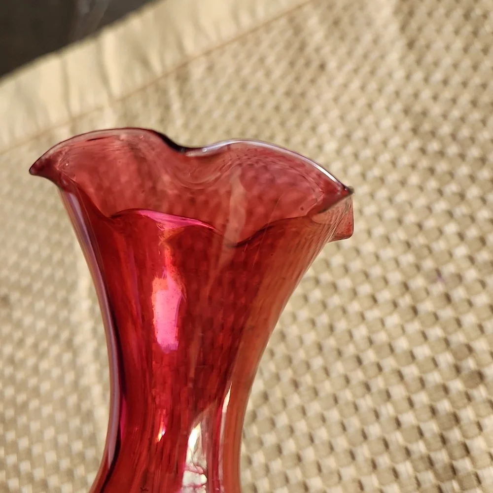 Cranberry Etched Glass Vase Mid Century Modern Fragile Collectible